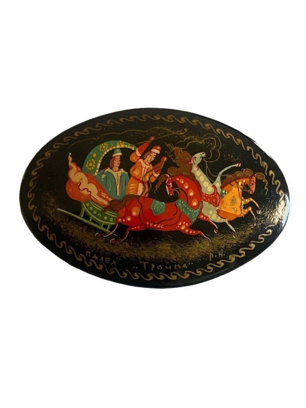 Vintage Russian Lacquer Christmas Brooch Red Green Gold